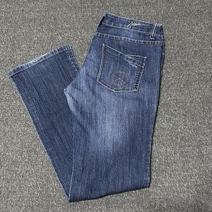 Atseven Women's Straight Jeans Blue Denim Peace Sign Embroidered Sz 13 (32x32)